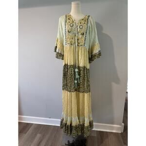 Anisa Kumar Fashion SL Women's Tiered Maxi Dress 3/4 Bell Sleeve Tie Front Small